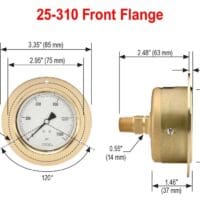 25-310-30-vac-BFF Back Conn, 2.5 Brass Vacuum Gauge 1/4 NPT , Glycerin Filled, Brass Front Flange