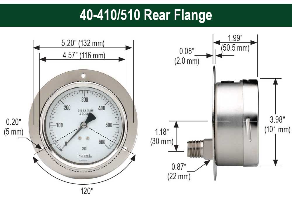 40-410-510_Rear_Flange_Dimensions Noshok 40-510-30-vac/bar-1/4-SSRF-AP-MIP 1/4 NPT Back Conn, Stainless Steel filled vGauge - Image 1