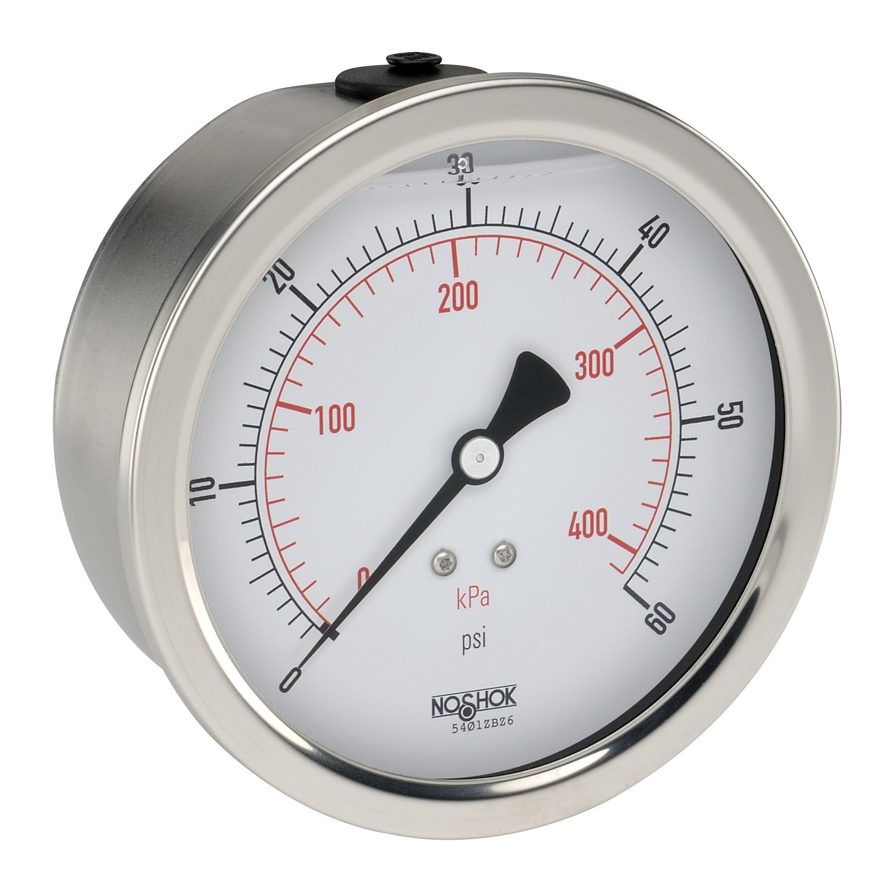 40_911_60_PSI_KPA-3_4_3988 Pressure Gauge, 4" 304SS Case, Copper Alloy Internals, 6000 psi, 1/4 NPT Male Back Conn, Glycerin Filled, 0.8mm Brass Threaded Orifice, Certified Calibration