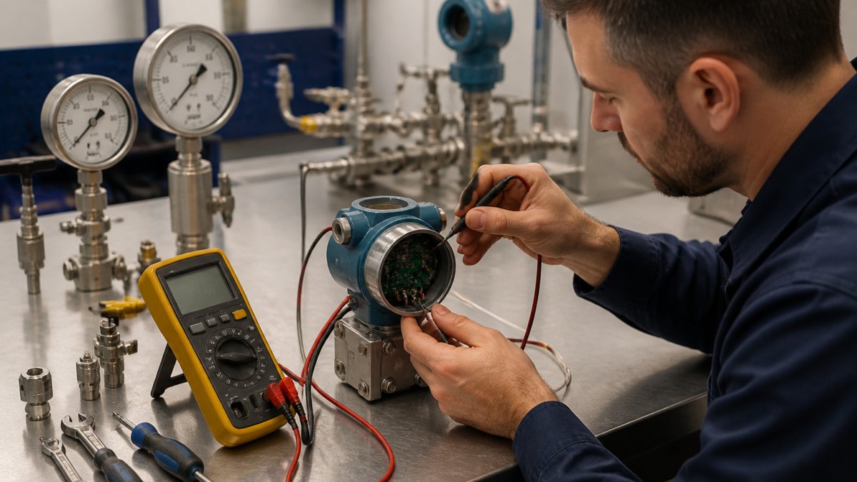 Technician performing pressure transmitter calibration using a reference gauge and multimeter at a workbench